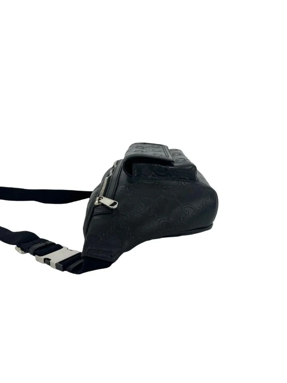 Gucci GG Pattern Embossed Perforated Leather Belt Bag Waist Pouch Black